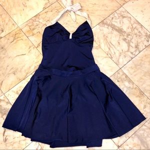 Blue vintage one piece bathing suit with skirt